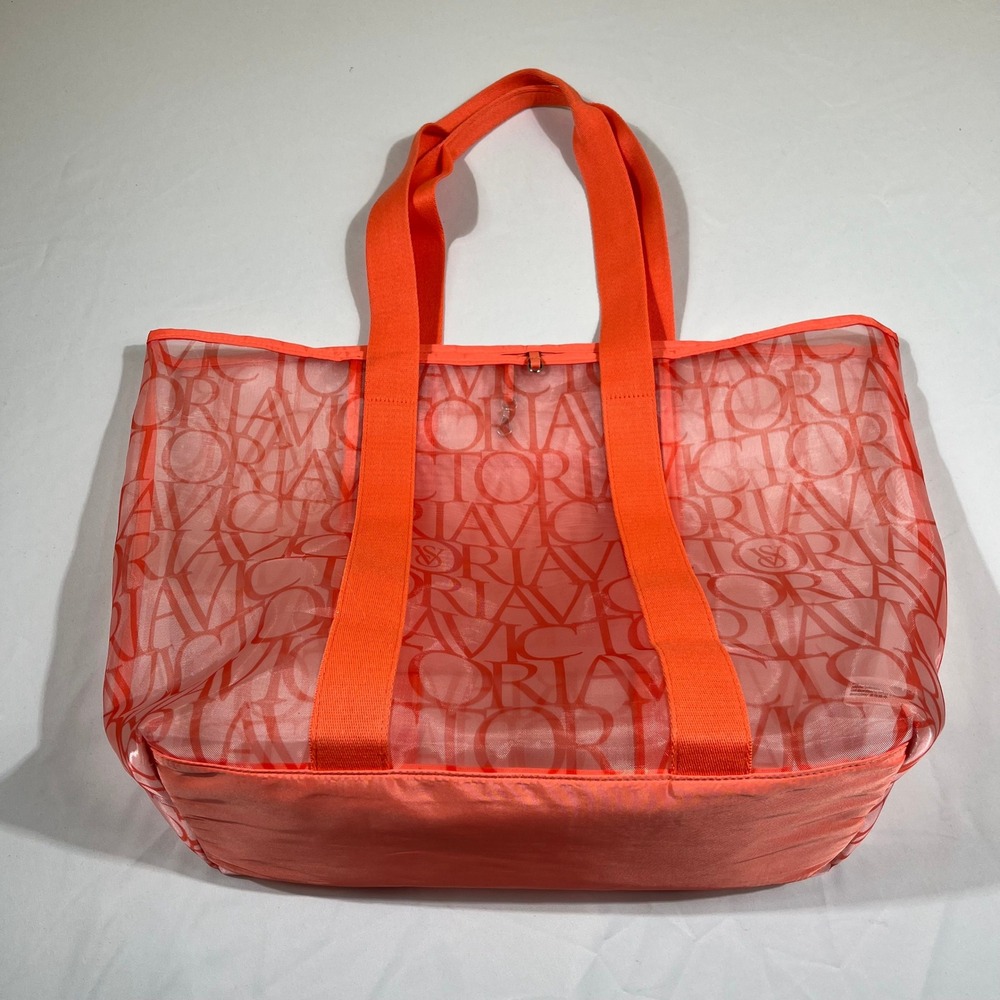 Victoria's Secret Mesh Tote Bag Women Large Neon Coral Orange Logo Print